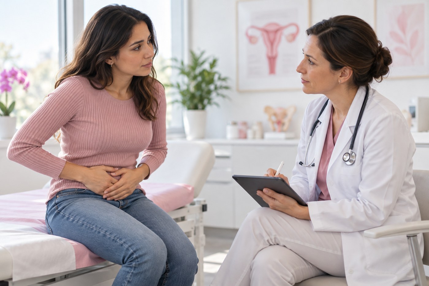 Paciente explicando dolor menstrual a una ginecóloga durante una consulta